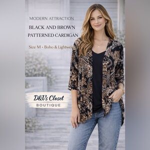 Black Brown Patterned Cardigan Size M Boho Open Front Lightweight